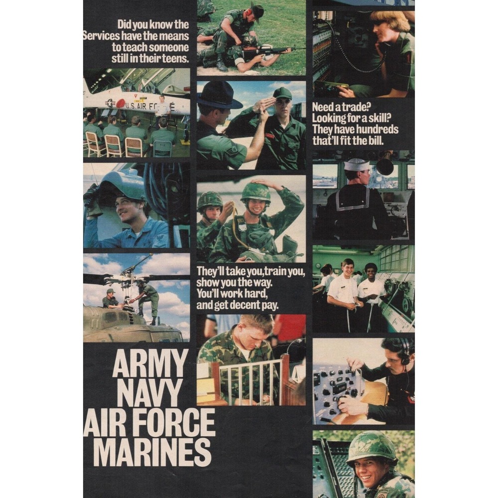 Army Navy Air Force Marines Recruiting Centerfold Military Jobs Print Ad 1983